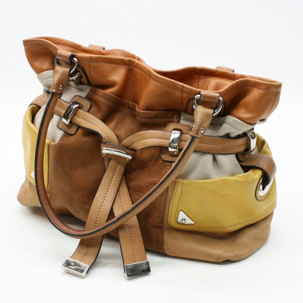 B Makowsky Brown Yellow Tan Leather Satchel Tote Shopper Shoulder Hand Bag Purse